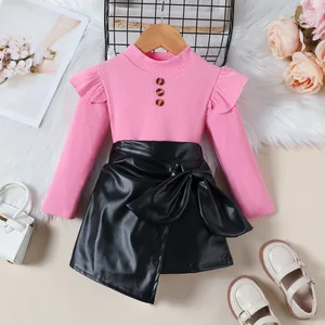 Fashion Children's Clothing Girls' Autumn Flounced Sleeve Pullover Top + PU Leather Bow Irregular Skirt Suit Clothes for Kids