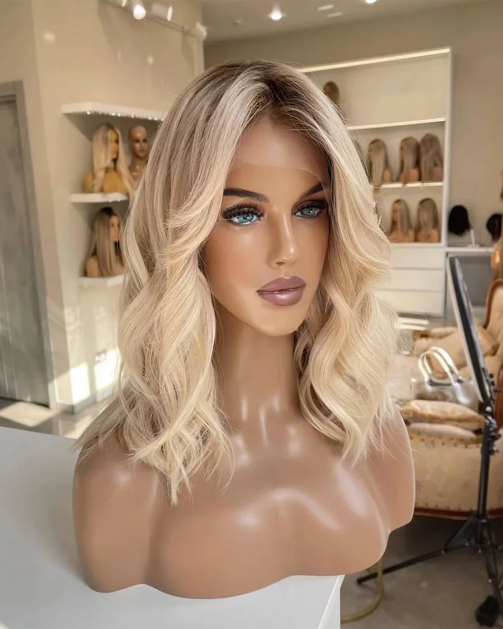 Csipke elülső emberi hajból készült paróka Omber ragasztó nélküli, viselésre kész frontális parókák nőknek_voghion.com