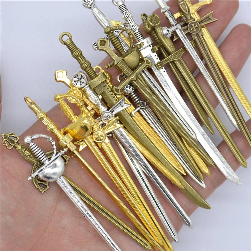 7PCS Mix alloy metal antique silver charm game weapon long sword pendant for bookmark craft jewelry making 60mm