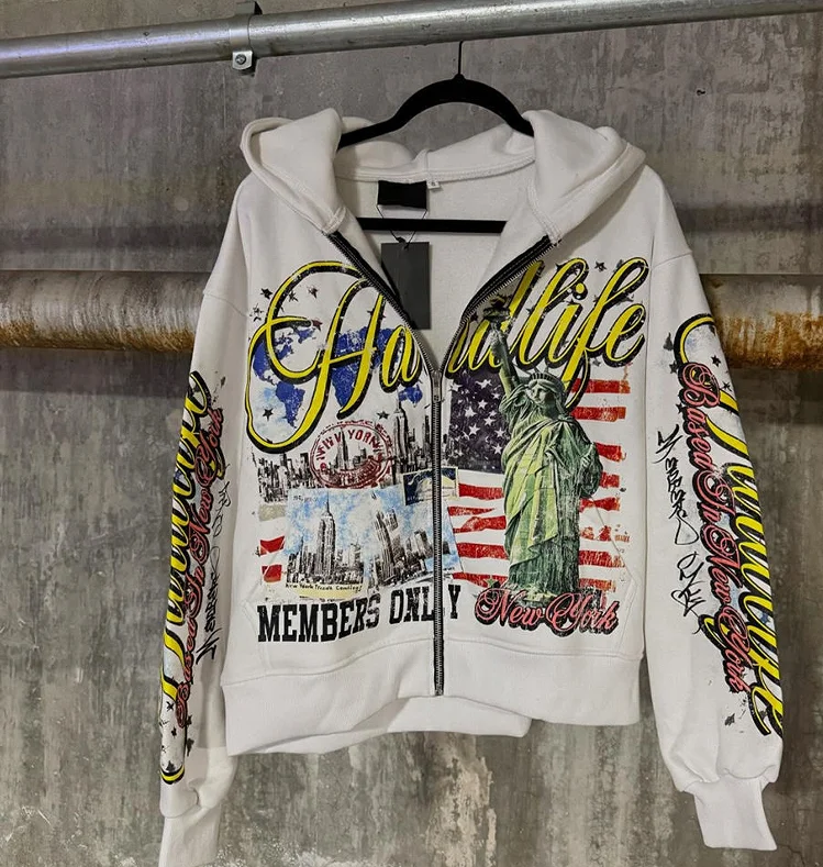 Custom Full Print Graphic 100%Cotton Fleece Eco-Friendly Streetwear Acid Washed Oversize Baggy Zip Hooded Cropped Hoodie for Men gallery 5