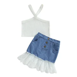 Customizable Summer Little Girls Dresses Sets Pit Cotton Solid Color Halter Top Denim Skirt Two Pieces Clothing Set