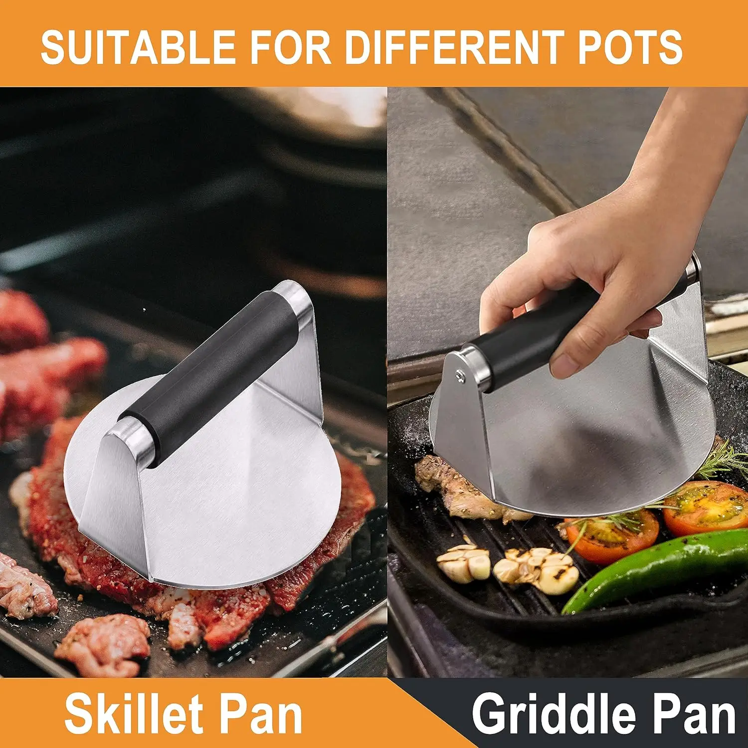 Smash Burger Press with Anti-Scald Handle Stainless Steel Burger Smasher Includes Grill Tongs & Grill Spatula Accessories Kit