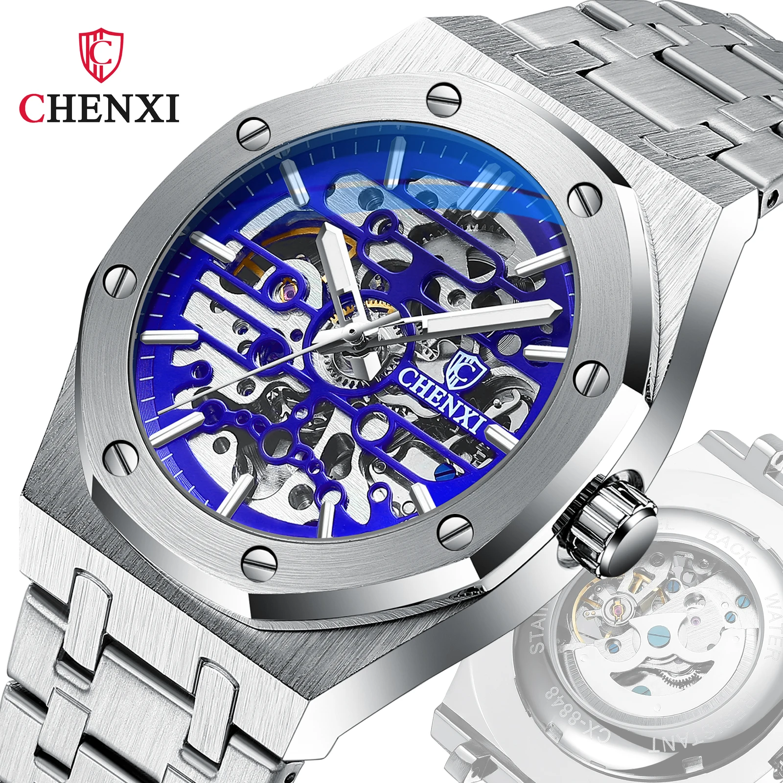 CHENXI Watch Men's Silver Blue Skeleton Automatic Clock Men Luxury  Stainless Steel Watches case Mechanical Watch for Men Reloj