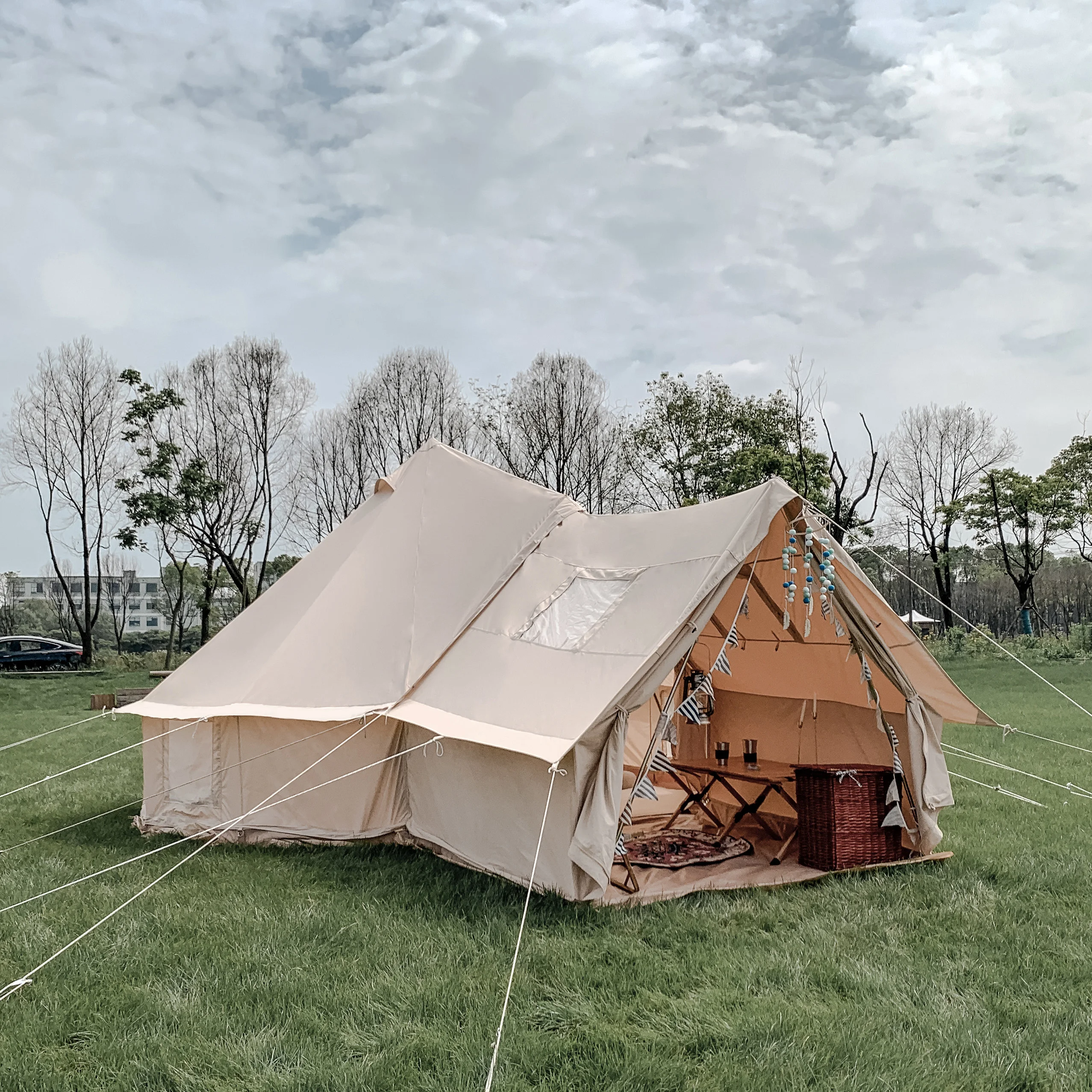 Luxury Cotton Canvas Man Tent Waterproof Big Camping Tent Family Outdoor  Glamping Bell Tent With Porch