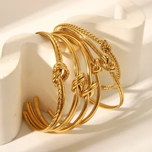 MW Women's Minimalist 18K Gold-Plated Stainless Steel Geometric Knotted Open Cuff Adjustable Bracelet