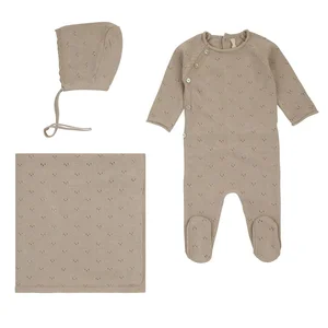 High Quality Newborn Clothes Body Suit 3 Piece Knitwear Baby Blanket and Romper Set