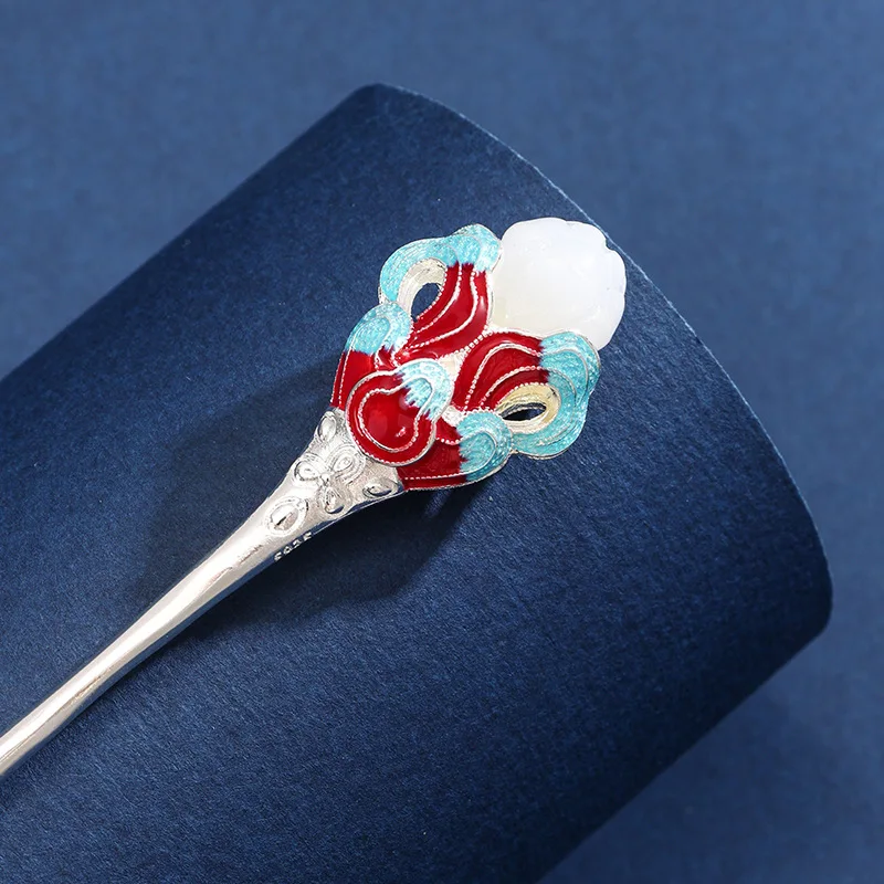 Женская синяя красная перегородчатая шпилька для волос в древнем стиле Hetian Jade Lotus Stick Pin Buyao