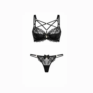 Top Sexy Underwear with Bold Pentagram Style Harness Strappage Exquisite Floral Embroidered Lace Women Lingerie for Sexy Panties