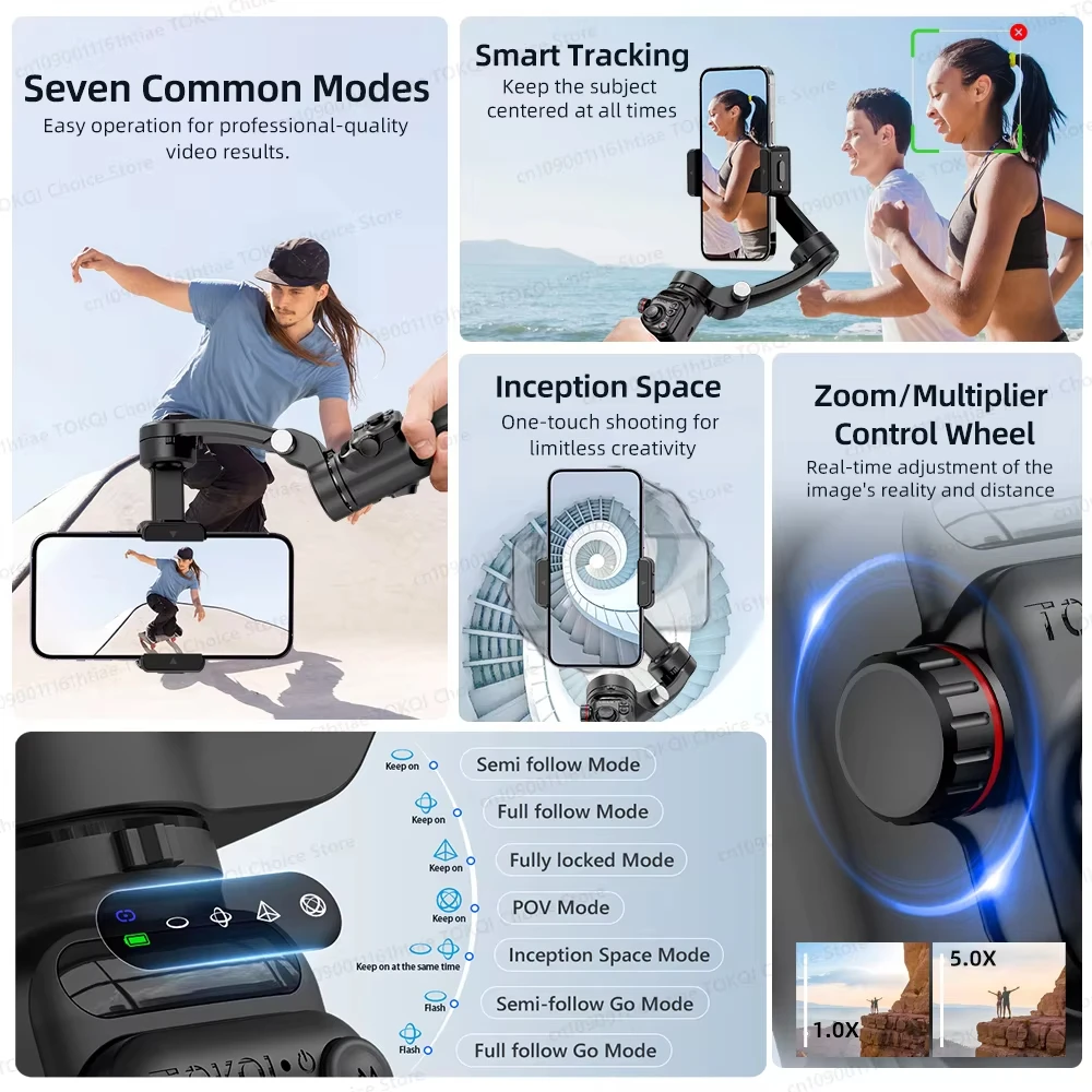 Tokqi M02 360 AI Tracking Handheld Smartphone Gimbal Black Mobile Phone Stabilizer with Remote Control Zoom Camera