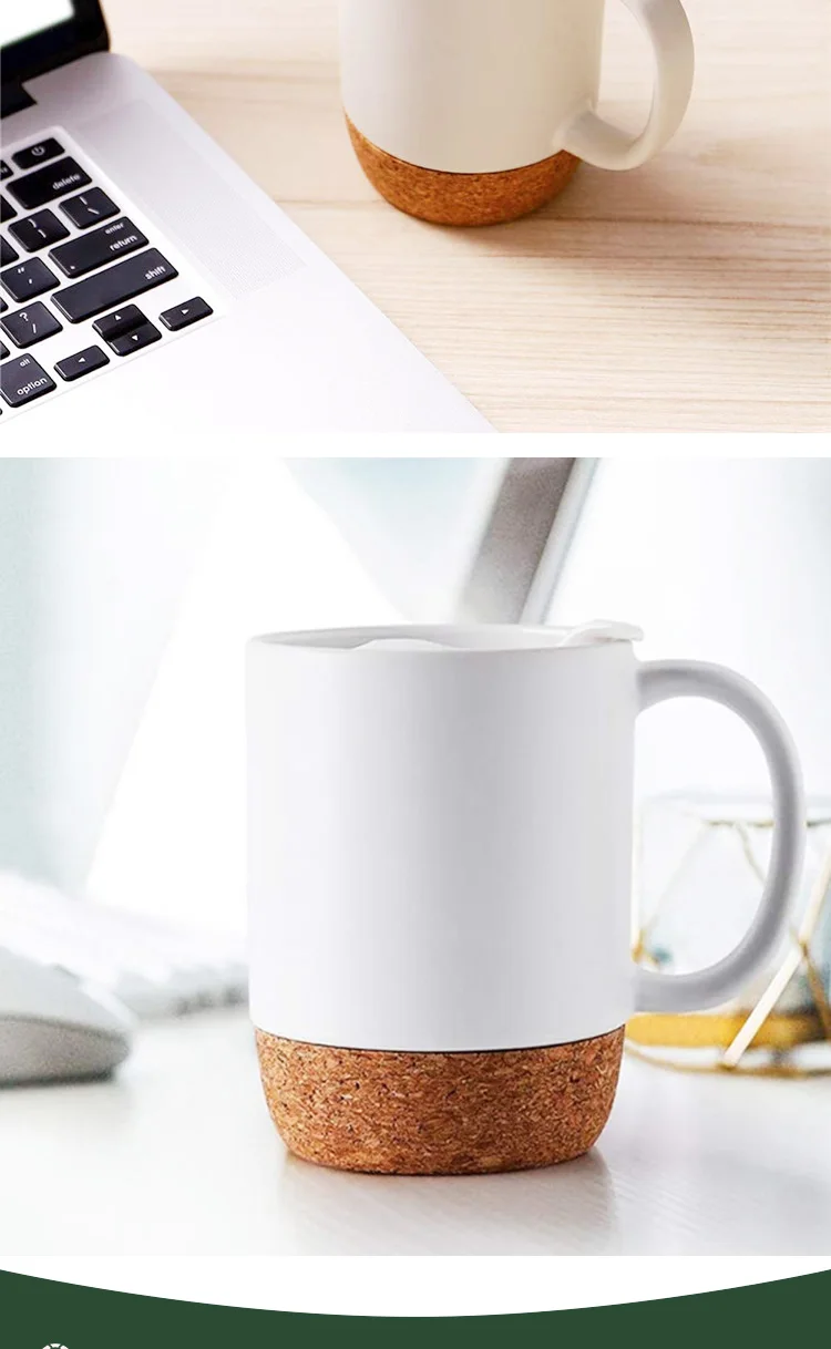 Wholesale brief 15oz cork bottom ceramic cup with lid, new design reusable customized logo print sublimation coffee mug