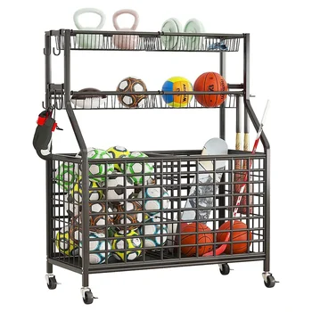 Heavy-Duty Sports Equipment Ball Basketball Storage Rack ,Storage Garage Organizer with Basket and Hooks
