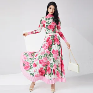 Women's High Quality Elegant Stretch-Print Two-Piece Set Floral Midi Top Skirt Pleated Casual Summer Dress Made of Polyester