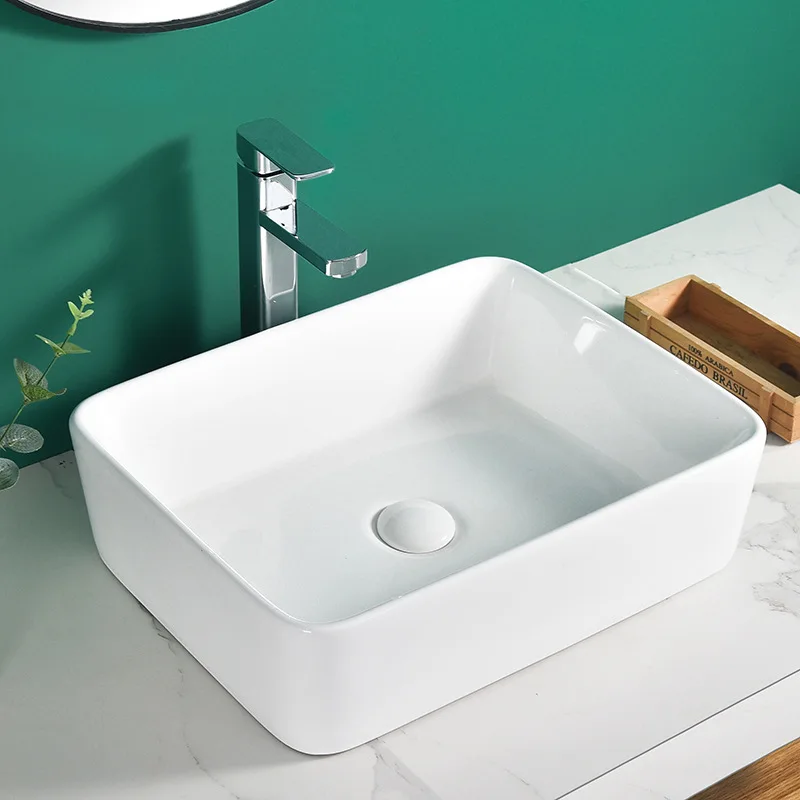 Minimalist White Rectangle Countertop Art Wash Basin Sanitary Ware Table Top Ceramic Bathroom Sink