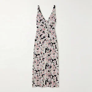 Clothing Manufacturer Custom Spring Summer v Neck Sleeveless Bow Pleated Floral Print Elegant Casual Women Midi Dress