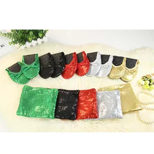 Customized Trendy Evening Party Flats Black and Silver Sequin Foldable Shoes with Bag