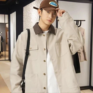 Wholesale Customized American Casual Jacket Japanese-Q Style  Cotton Multi-Pocket Stand Collar Contrast Laser Canvas Frock