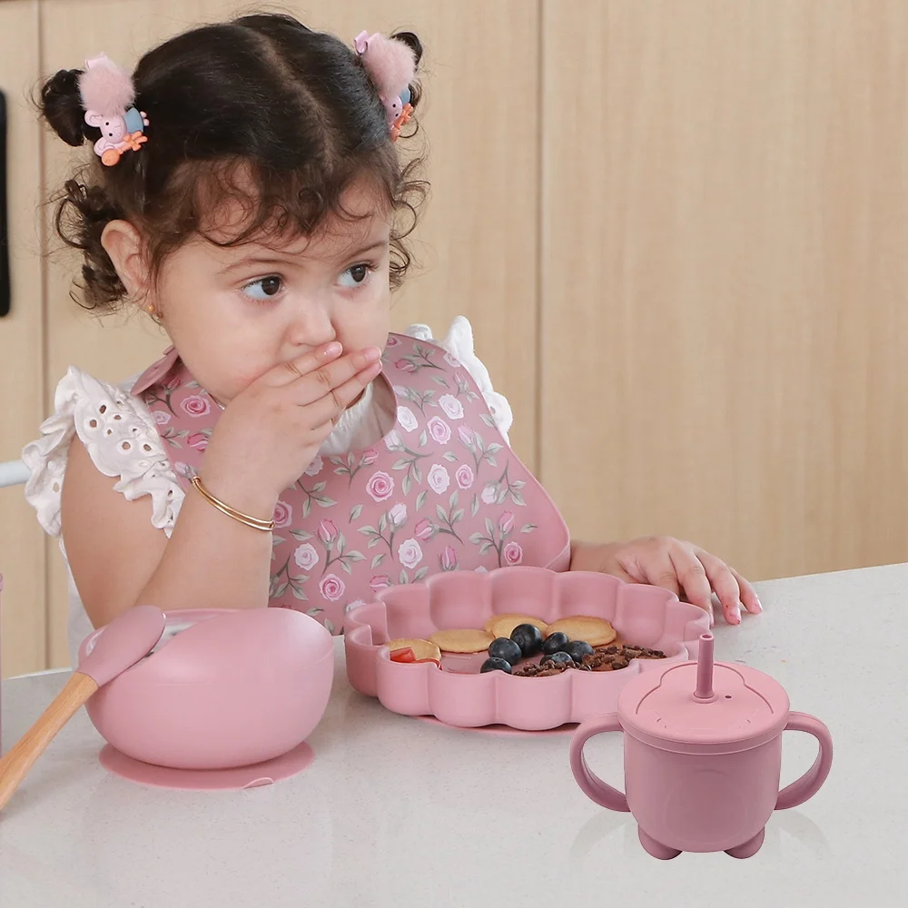 Toddler Tableware Feeding Set Bib Dinner Bowl Spoon Straw Cup 5 Piece Set Cutlery Silicone Baby Feeding Set Bowl