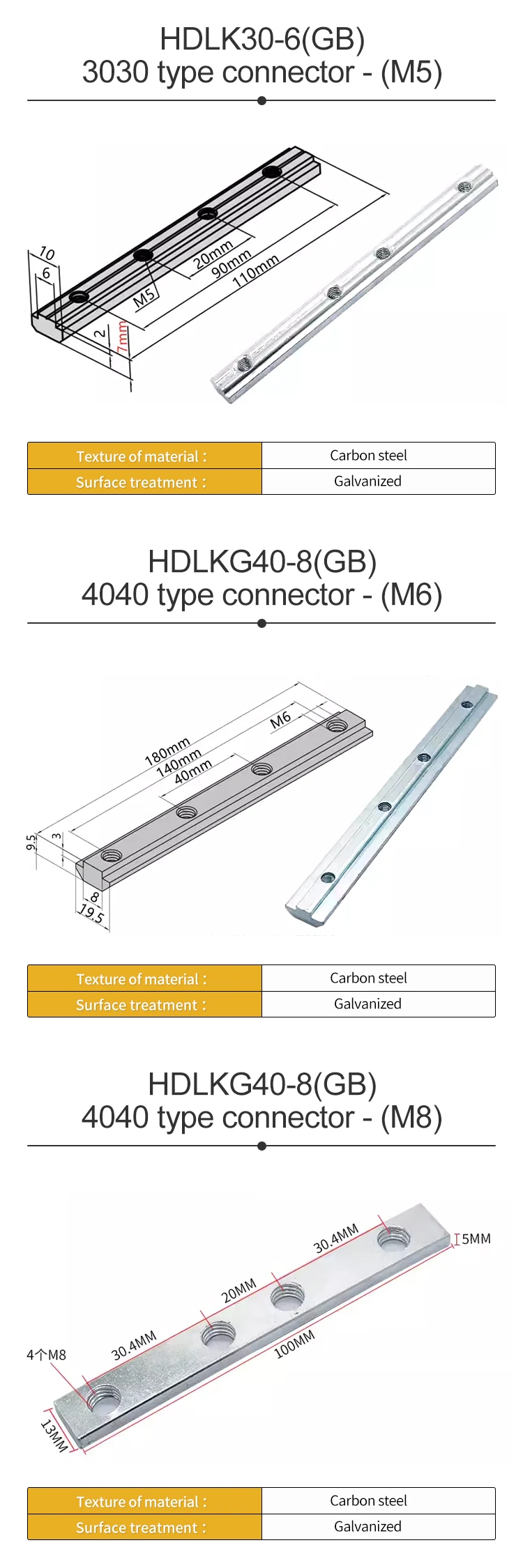 Aluminum Profile Fastening Accessories, Long Strip Connectors, 20/30/4045 Connecting Strips, Docking Extension groove Nuts factory