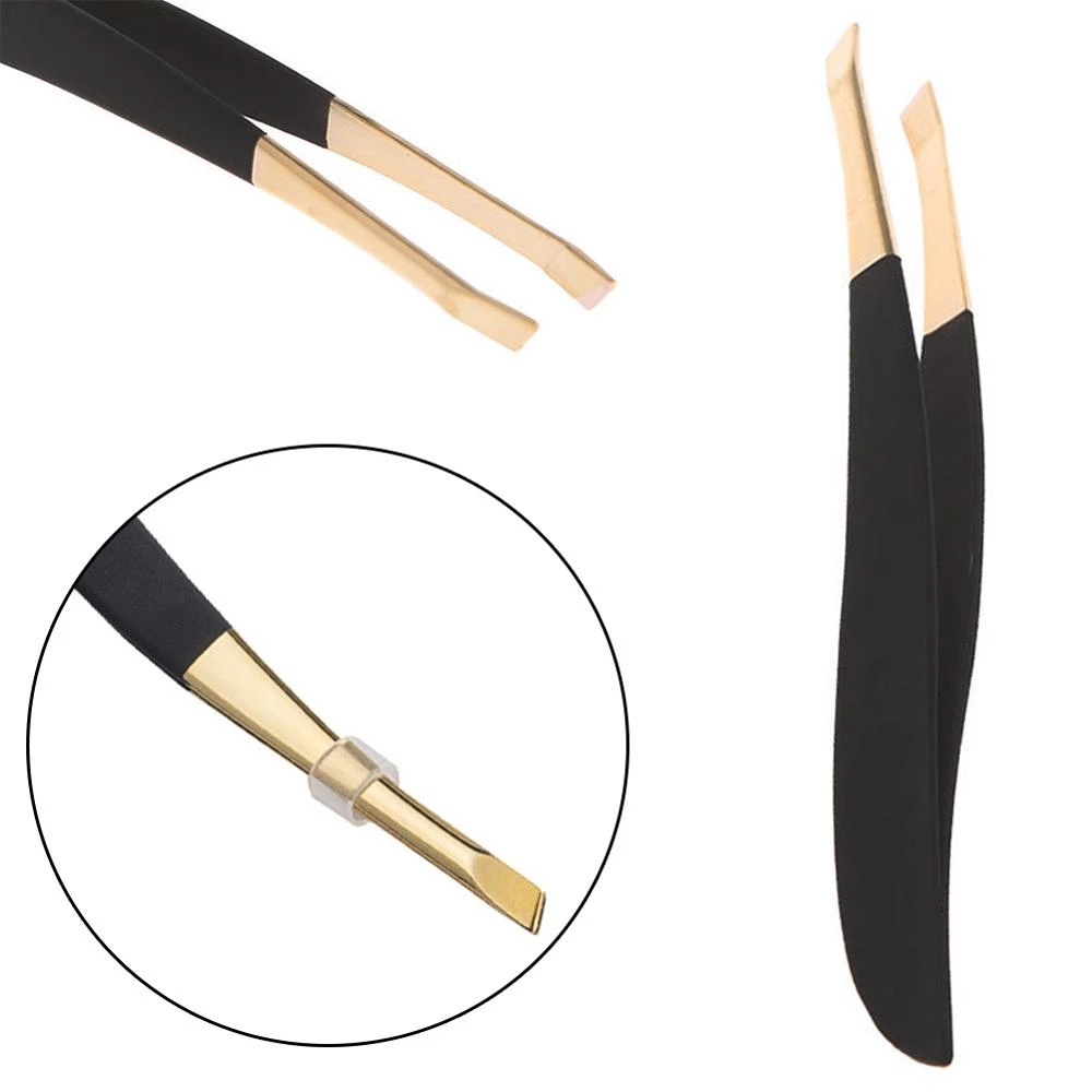 Whole sale Hair Removal Makeup Tool Golden Head Slanted Stainless Steel Tweezer Trimmer Eyelash Clip Eyebrow Tweezer