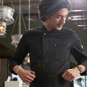 Tesimei Four Seasons High-End Men's Black Polyester/Cotton Long Sleeve Chef Jacket for Restaurant & Bar Use