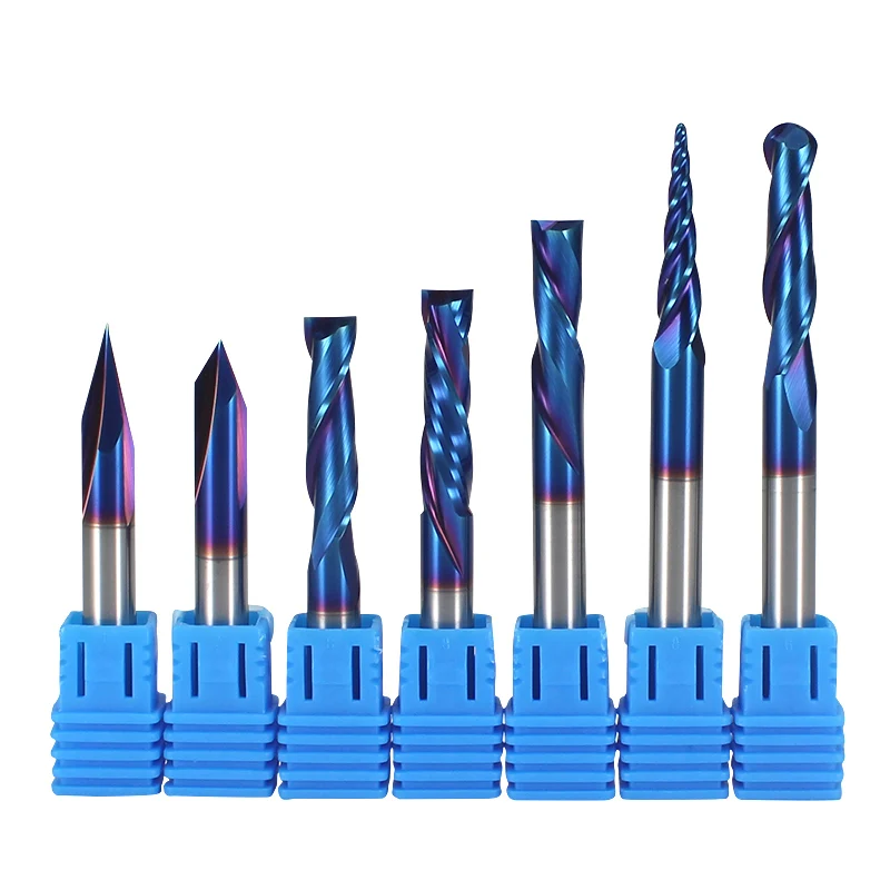 OEM Alloy 1/4 1/8 HRC65 Nano Blue Coating CNC Router Bit Sets Solid Carbide 2 Flute Carving Wood Bit Set Custom ODM Support