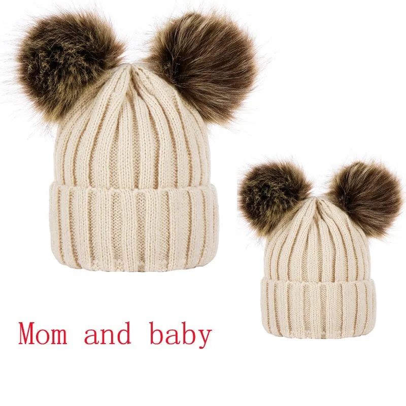 Wholesale Winter Warm Double Pompom Mom and Me Knit Beanies  display picture 1