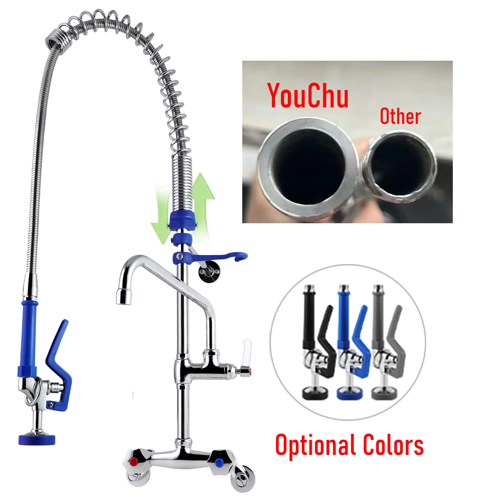 Dual Handle Kitchen Faucet with Short Type Spring Action Deck Mounted EasyInstall Ceramic Valve Core Adjustable Height 2 Holes details