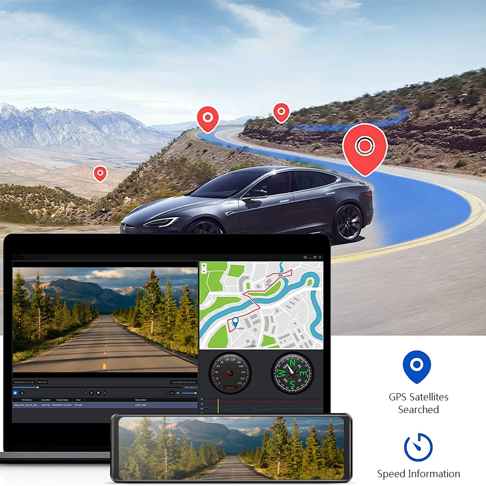 12 Inch Touch Screen Dash Cam Mirror 2 Channel Wifi Gps Dashcam 4k