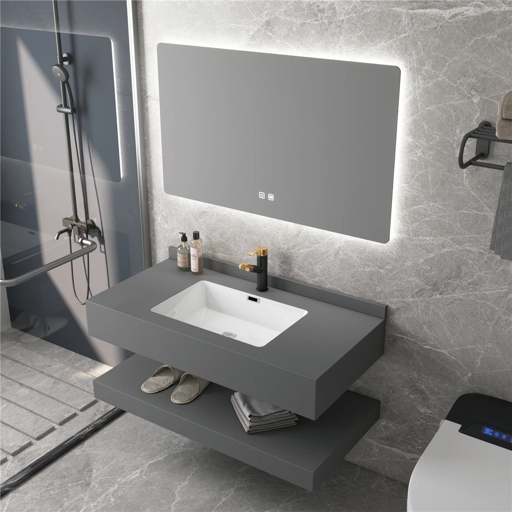 Double-layer wall hung rectangle lavabo luxury bathroom vanity sink white sintered stone cabinet hand wash basin details