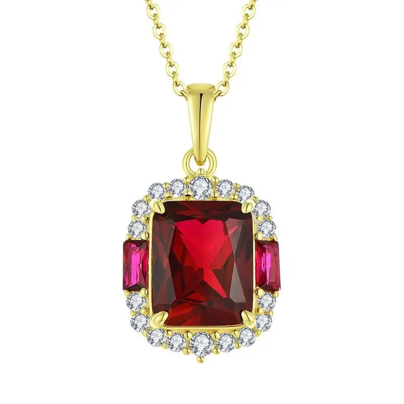 Luxury Shining 18k Gold Ruby Square Diamond Pendant Necklace Bling