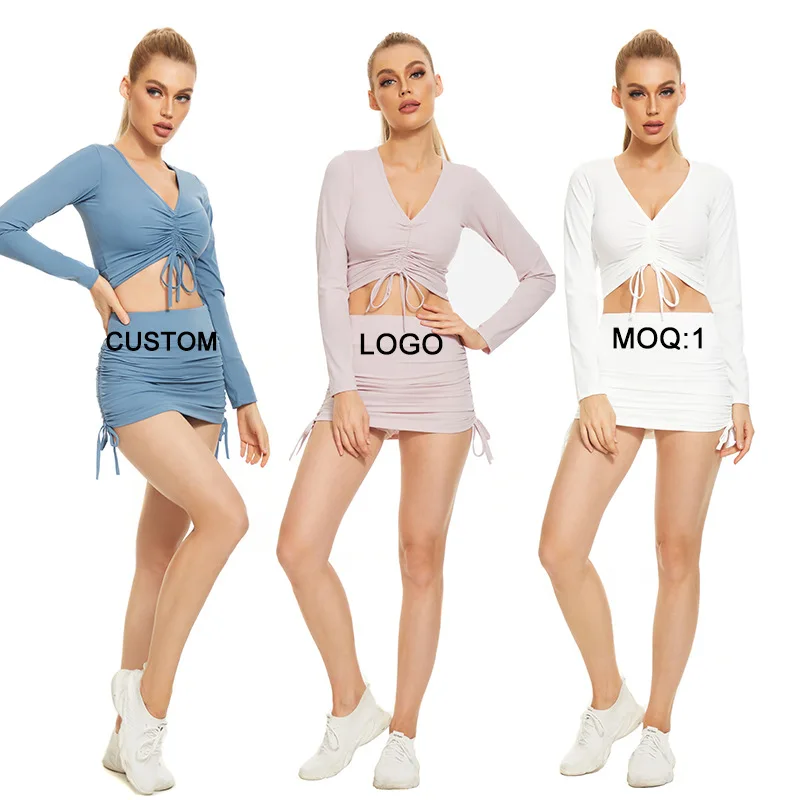 New trendy clothes two-piece skirt suit  women's casual V-neck long-sleeved and half-skirt yoga suit fitness Gym Fitness Sets