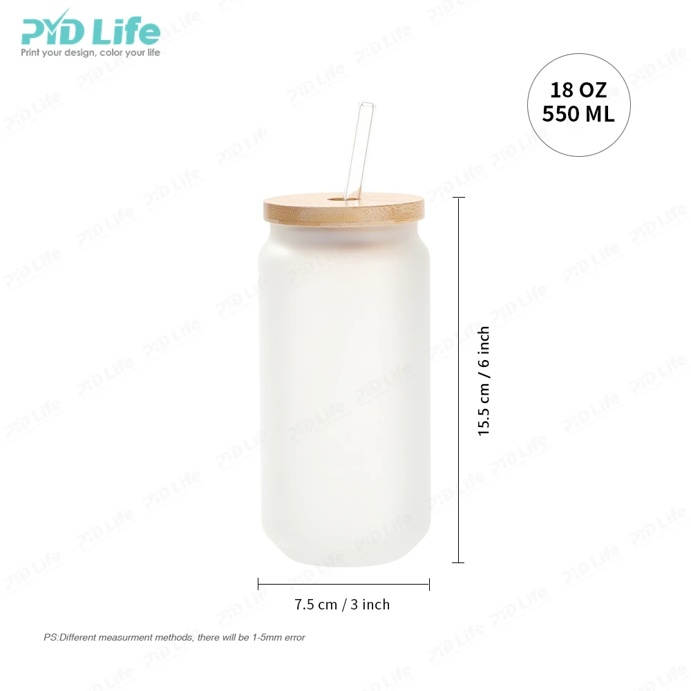 PYD Life Sublimation Glass Cans Blanks Frosted 13 oz with Bamboo Lid and Clear Glass Straw Wide Mouth Jar Tumbler Cups Mugs for