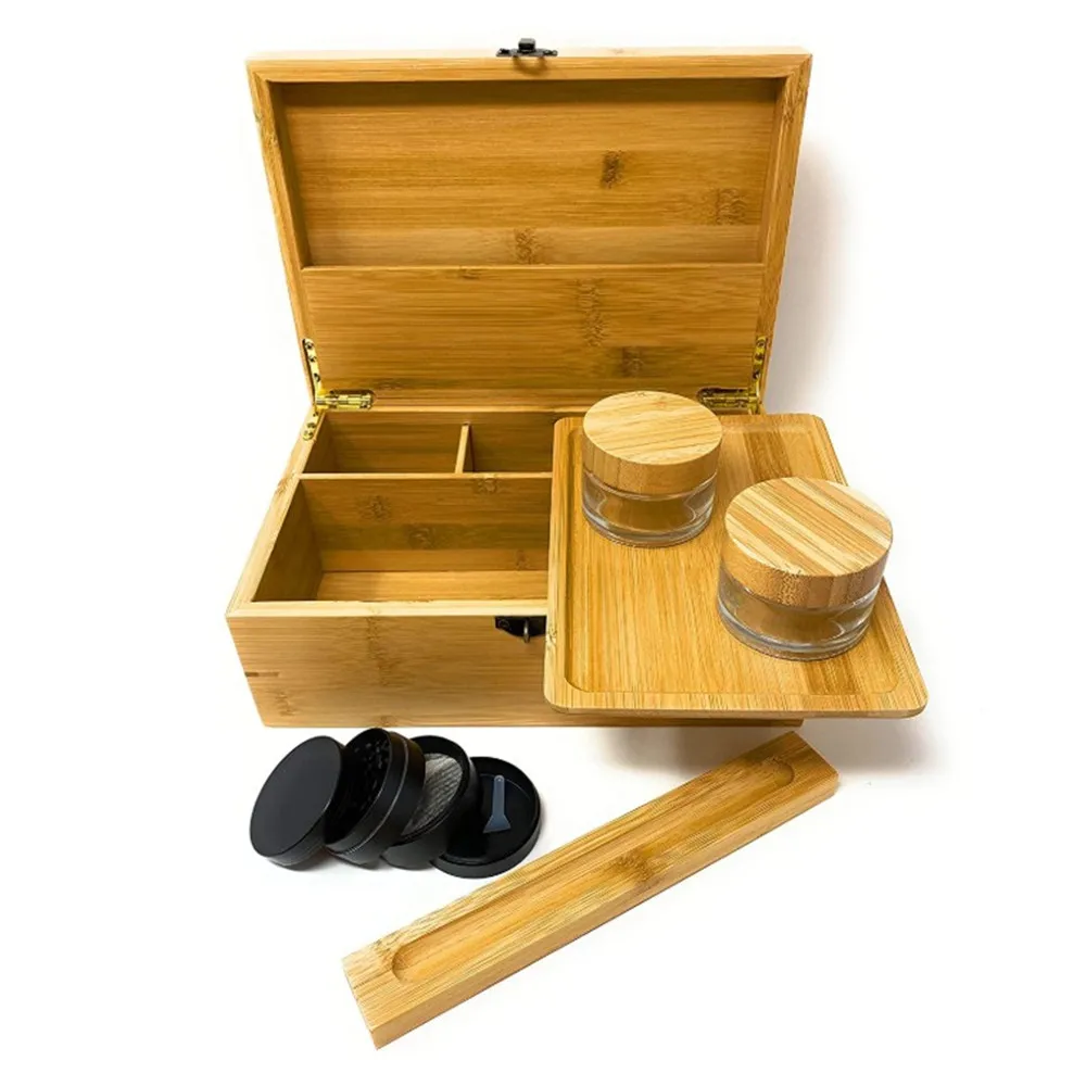 Large Stash Box Set 100% Bamboo Smell Proof  2 Rolling Trays 2 Airtight Bottles plus Herb Grinder wooden stash box