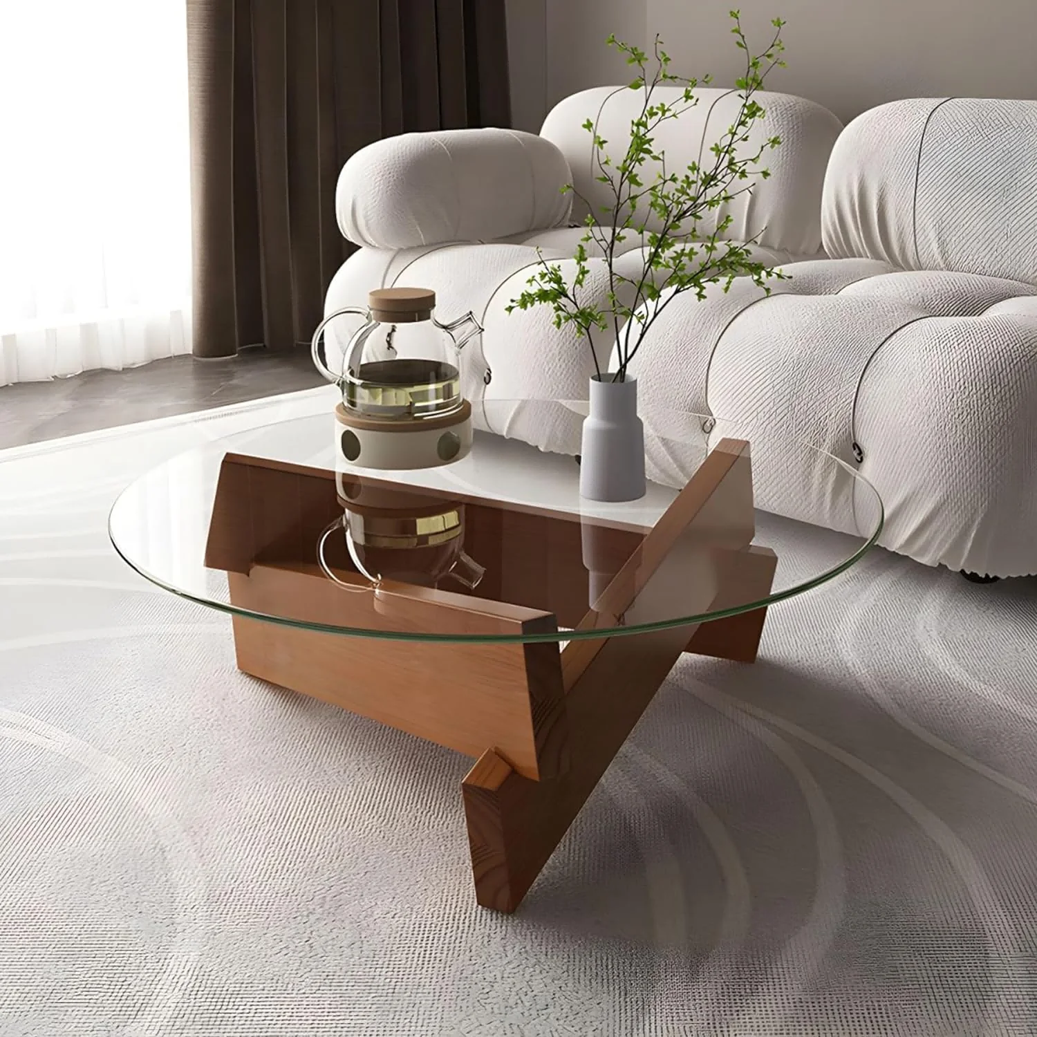 Creative Log Coffee Center Table, Side Table with Open Shelves for Storage, Glass and Solid Wood Coffee Table
