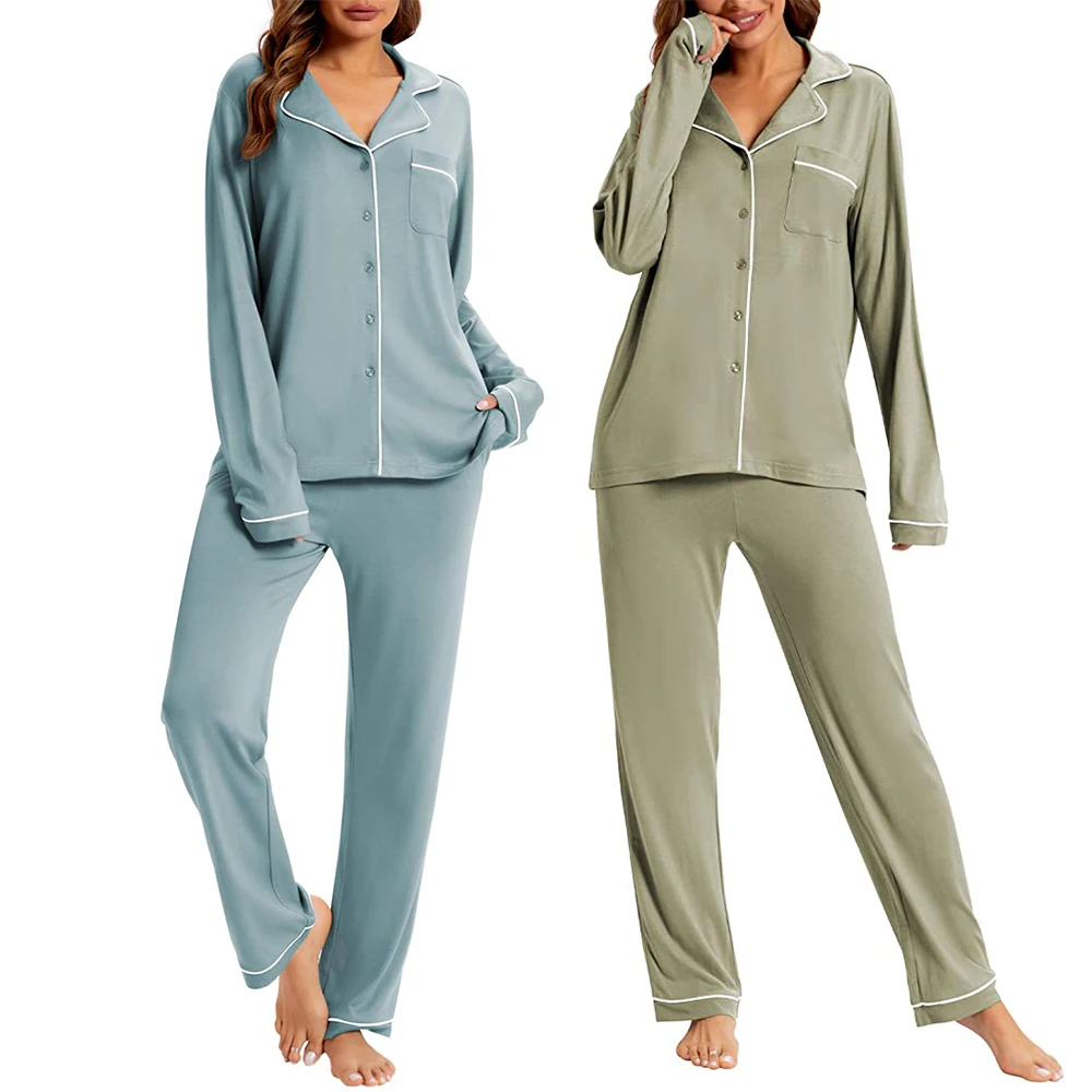 Women's Bamboo Pajamas Soft Notch Collar Long Sleeve Bamboo Sleepwear ...