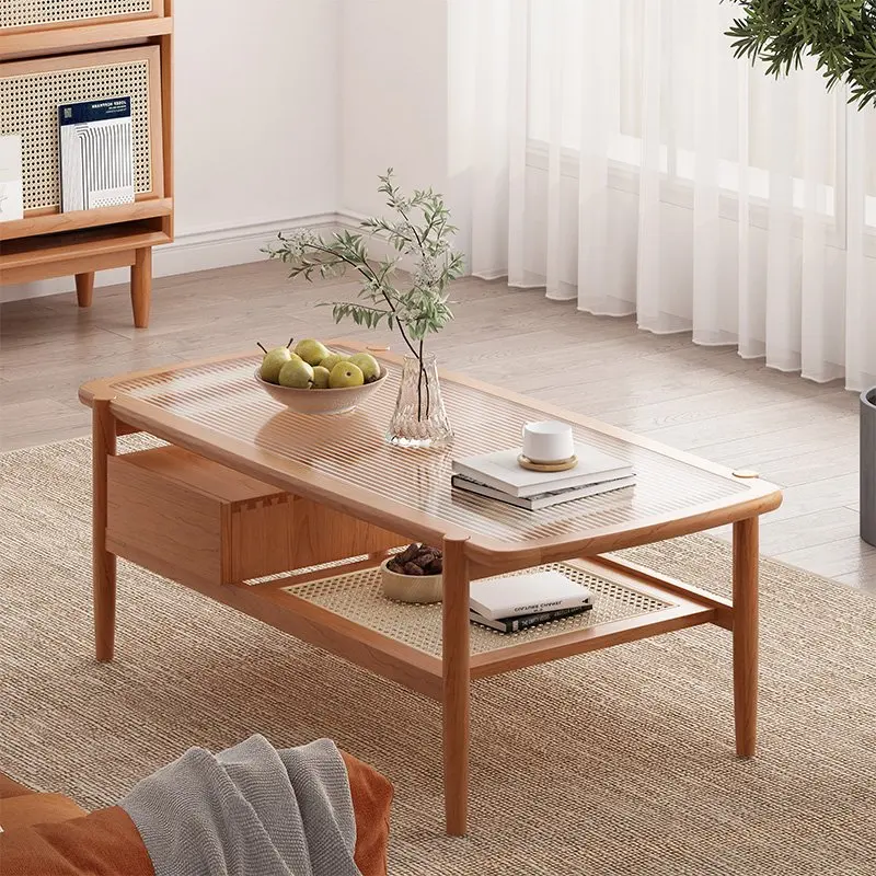 Japanese Contracted Style Rectangular Real Wood Cane Makes Sitting Room Glass Coffee Table