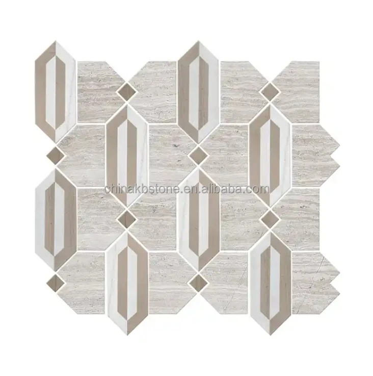 Carrara White Marble Mosaic Modern Water Jet Design Gold Metal Brass ...