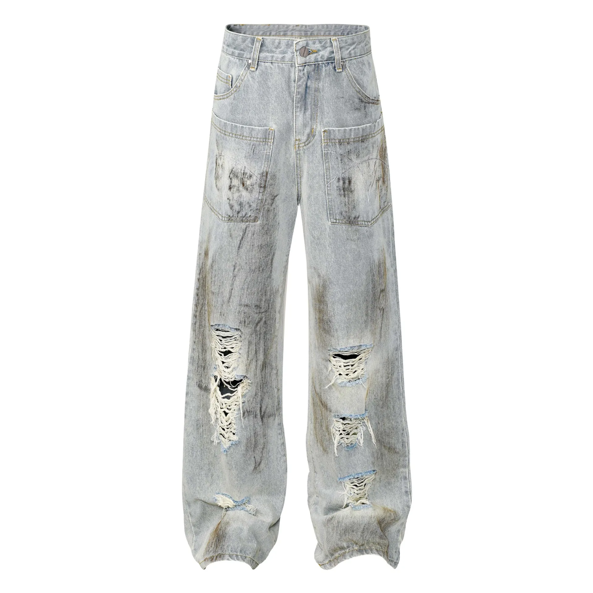 Retro High Street Ripped Custom Dirty Graffiti Paint Wide