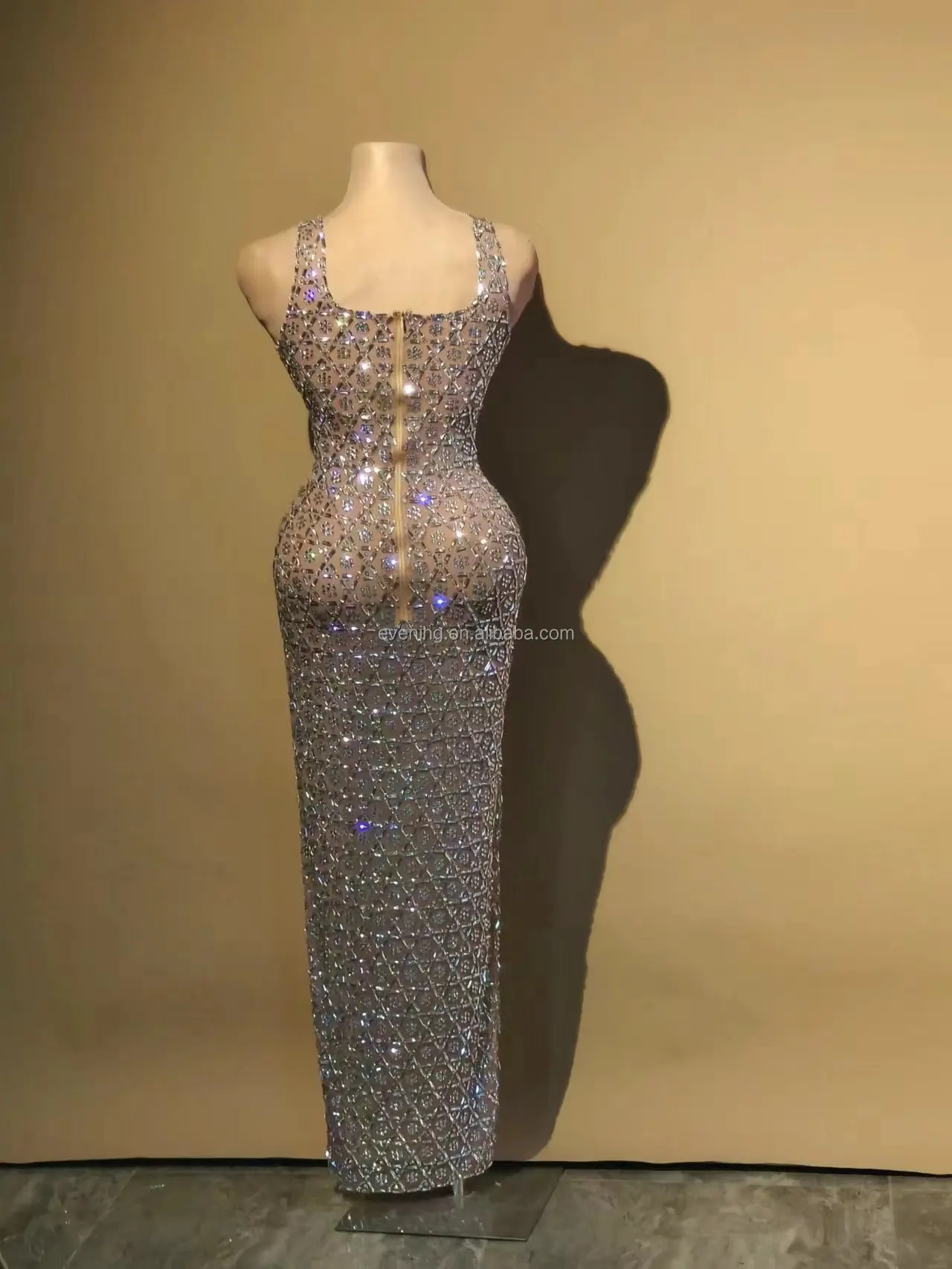 Sexy See Through Dinner Gown Square Collar Crystal Sequin Lady Night ...