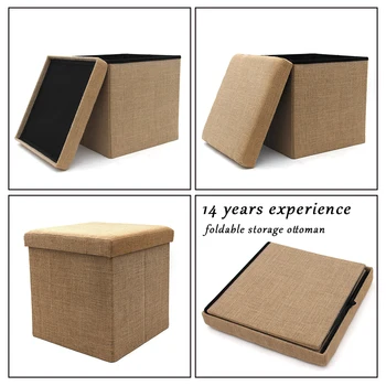 Factory Wholesale Fashion Modern Home Furniture Promotion Wholesale Linen Jute Cube Foldable Storage Pouffe Ottoman Footstool