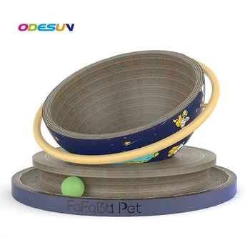 Round Cat Scratch Pad - Corrugated Paper, Blue, 12 Inch Diameter, Pet Scratching Board With Toy