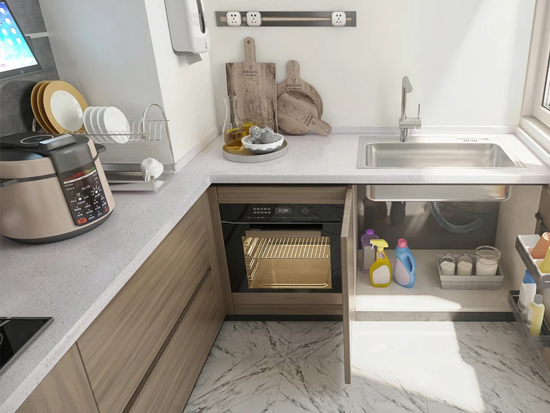 For OPPEIN American DIY Fitted Kitchen Veneer Melamine Cabinets Prefab Factory Direct Price Small Kitchen Plywood Carcase Sink