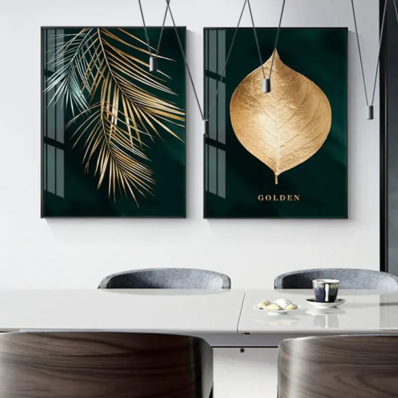 Affiche Sur Toile Abstraite Avec Feuille D'or - Bleu, Vert, Jaune Et Fleur - 40x120 Cm - Décoration Murale Moderne Pour Salon