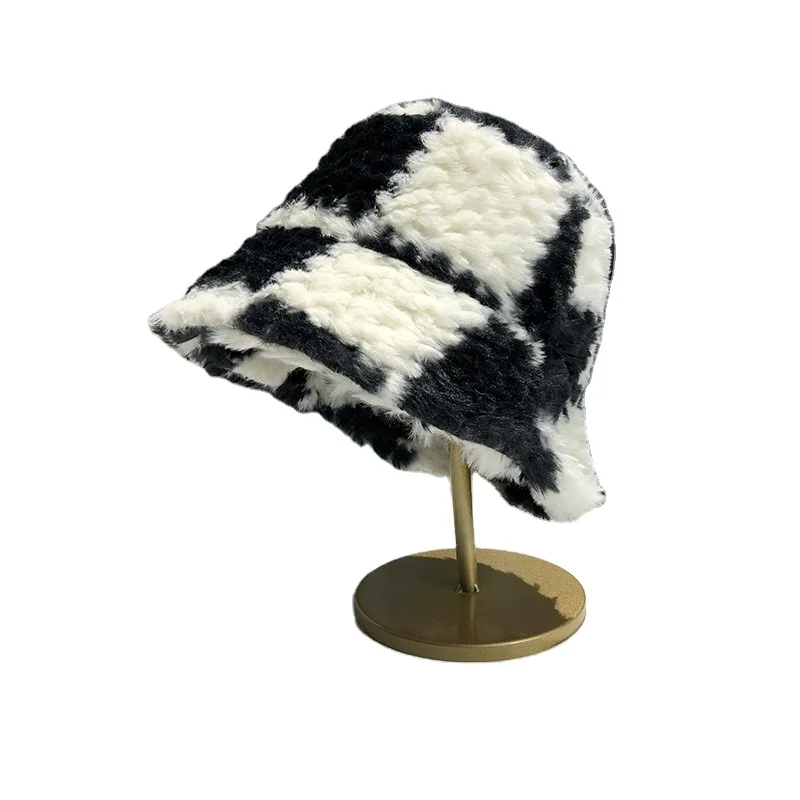 2022 Top Quality Patchwork  Custom Plaid Furry Fluffy Faux Fur Bucket Hat