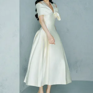 ZYHT 70167 Formal Midi A-Line Sheath Gown with Boat Neck Short Sleeves Vintage Satin Fabric Breathable Wedding Party Dress