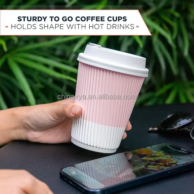 OEM ODM 6oz 8oz 12oz Disposable Ripple Double Wall Tea Paper Cups with Lid Custom Logo Recyclable for Hot Coffee Beverages details