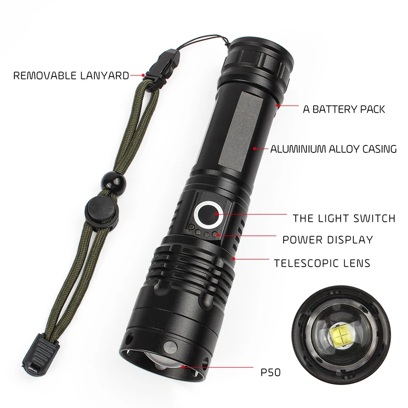 1000lm 5v Multi Function Tactical with Power Display Function Rechargeable Mobile Power Bank Led Flashlight Torch