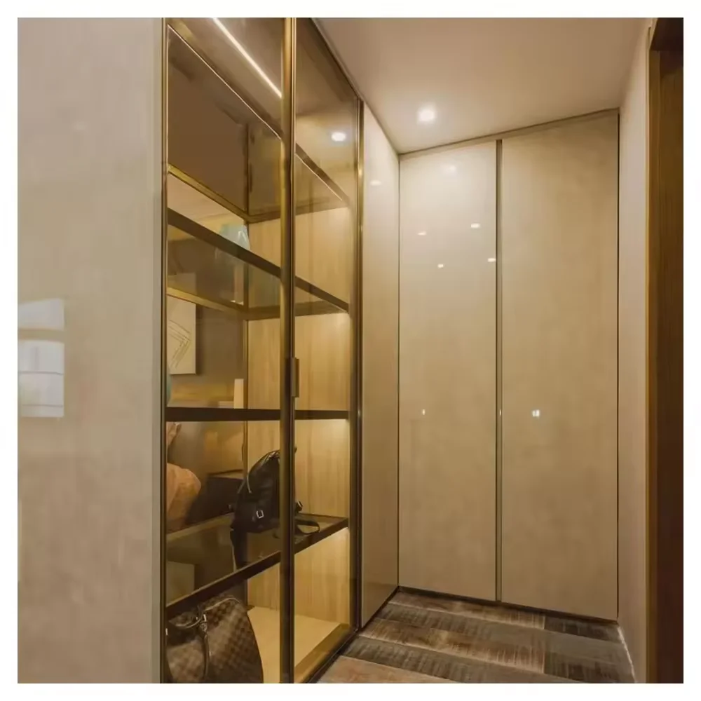 Custom Modern Gold Frame Bedroom Bedroom High Class Good Quality Armoire with Glass Doors and Display Shelves Affordable Price