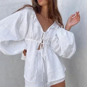 2025 Summer White Linen Shorts Sets Women 2 Pieces Elegant Lantern Sleeve Lace-Up Loose Tops Vacation Cotton Thin Shorts Suits