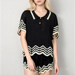 New Women's Summer Casual Skinny Above Knee French Elegant Niche Unique Exquisite Woven Color Block Top Shorts Set